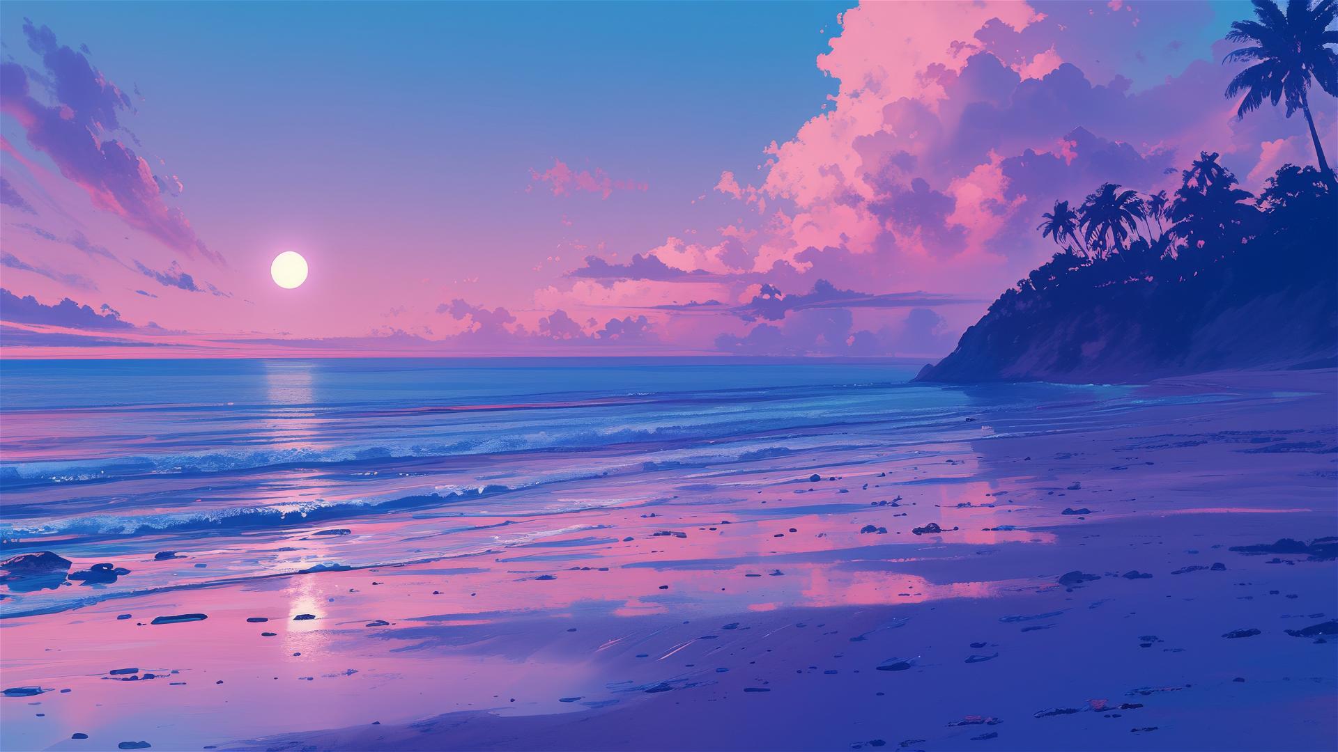 Serene beach at night with soft pink and purple sky and moonlight reflected in calm sea