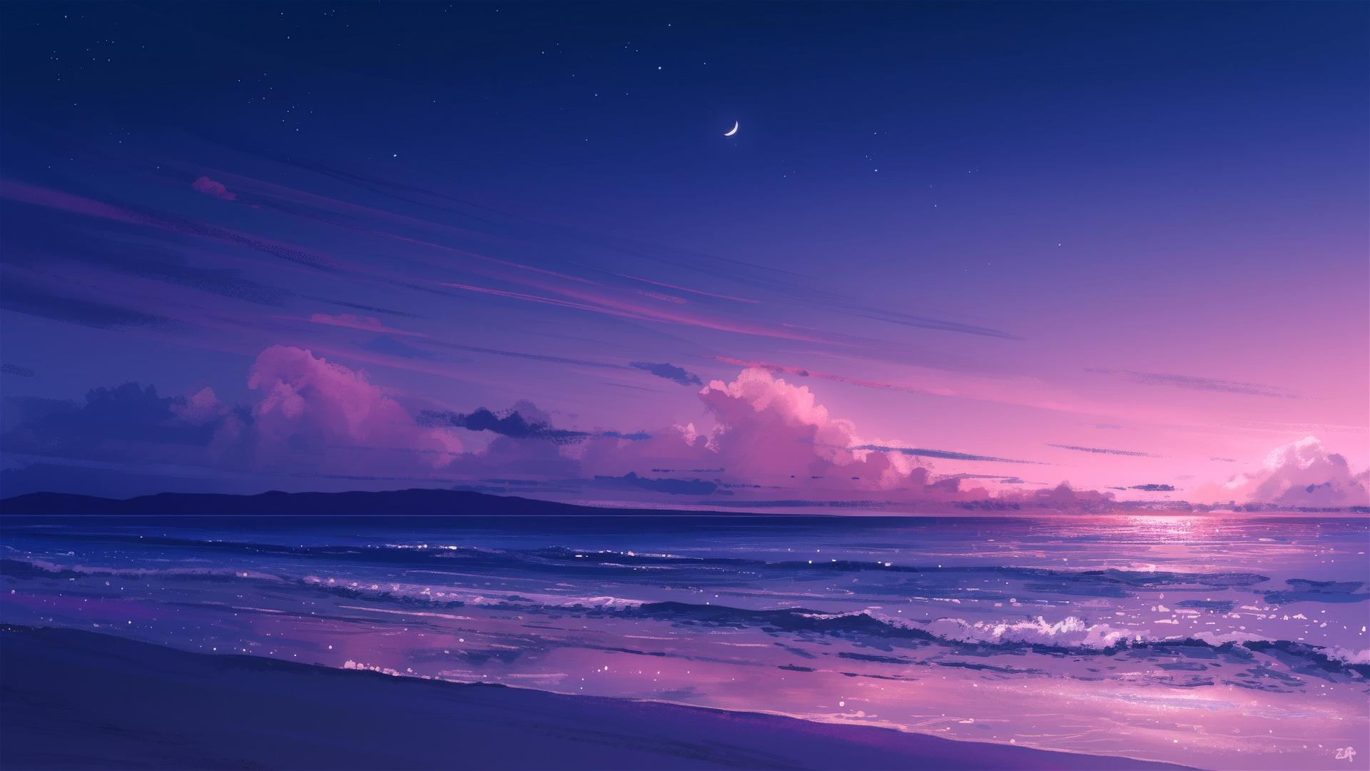 Dreamy beach at night with pink and purple sky and moonlit sea
