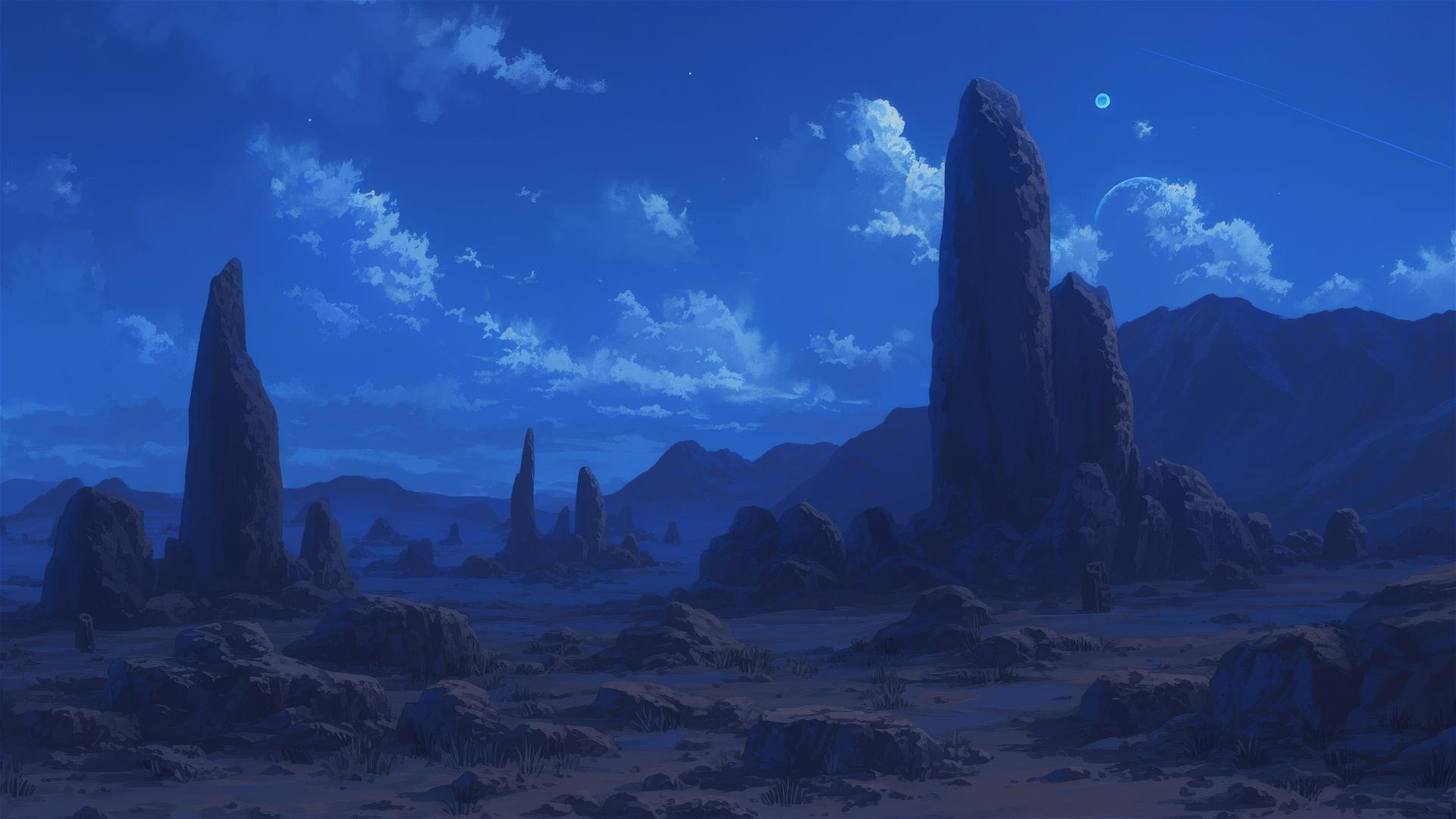 Moonlit rock formations in a high desert with mystical shadows