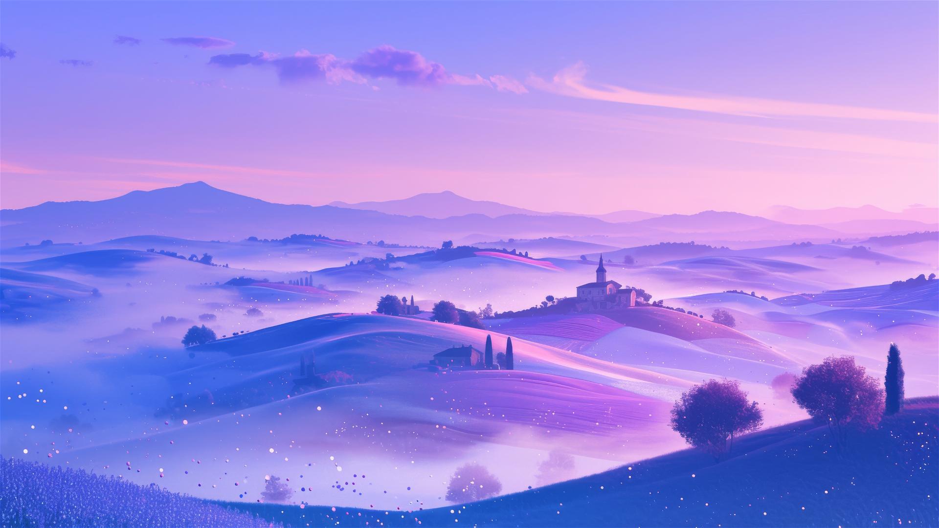 Surreal misty hills at twilight with lavender and pink hues