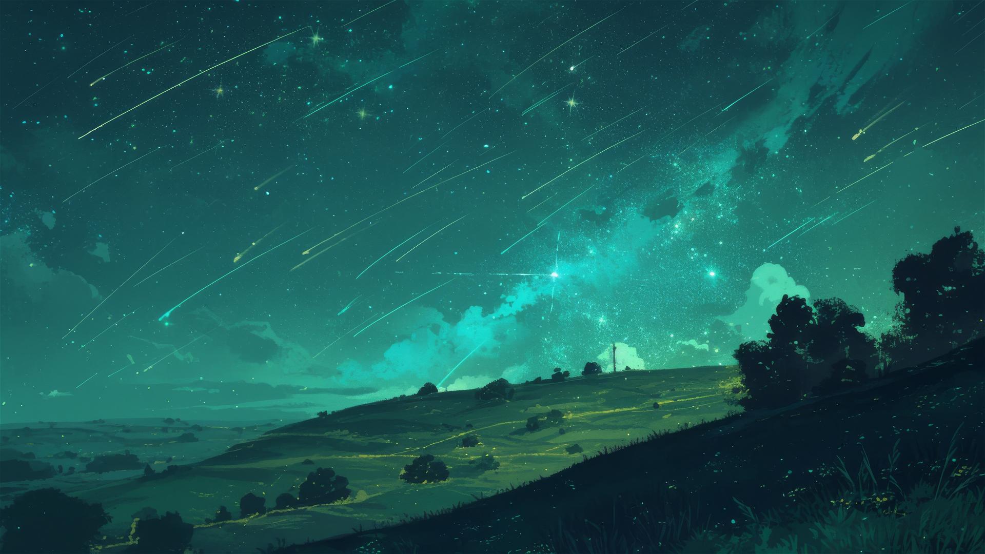 Shooting stars over silent hilltops with glowing grass trails