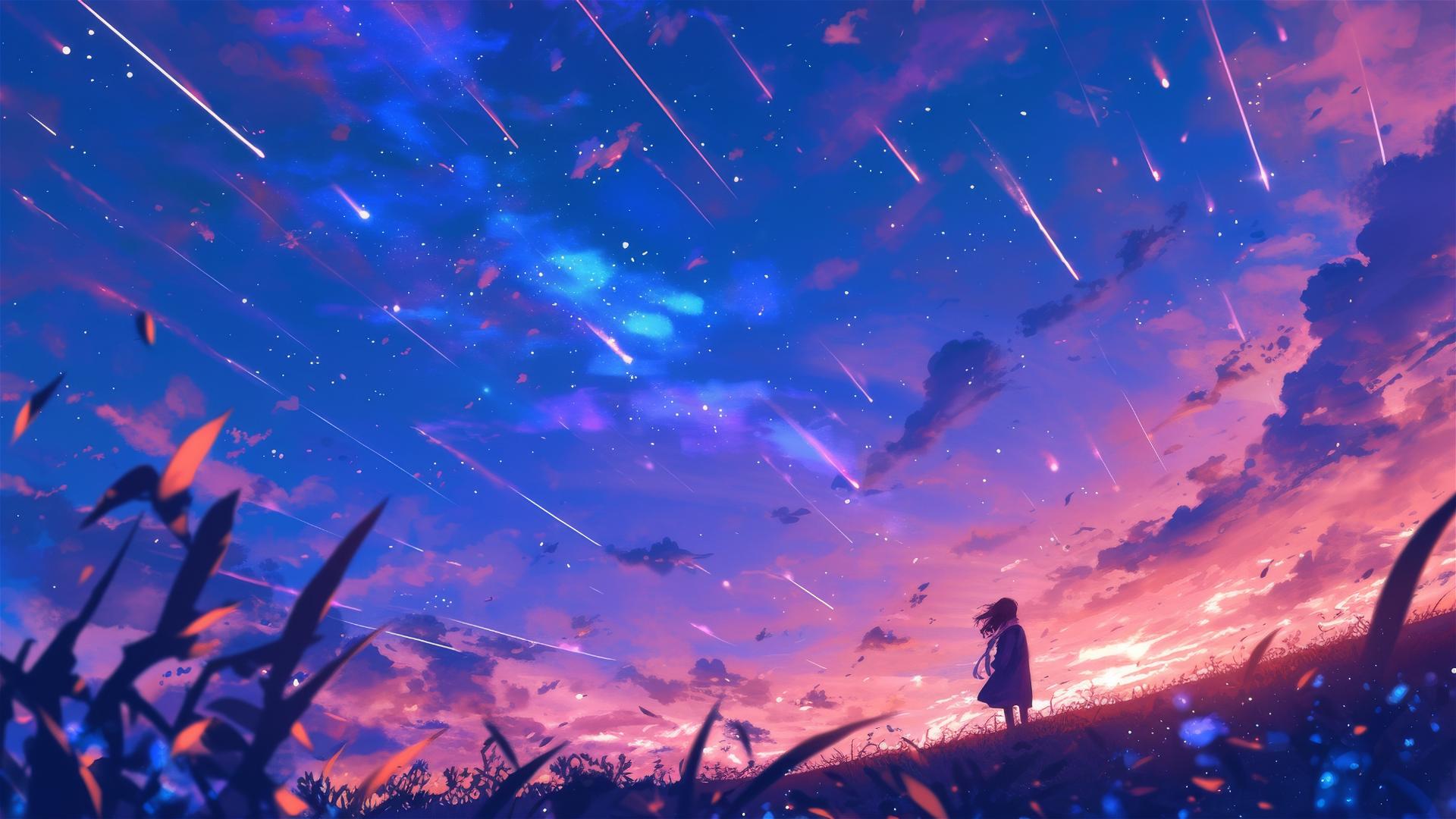 Silent hilltops with a sky full of shooting stars and glowing grass trails