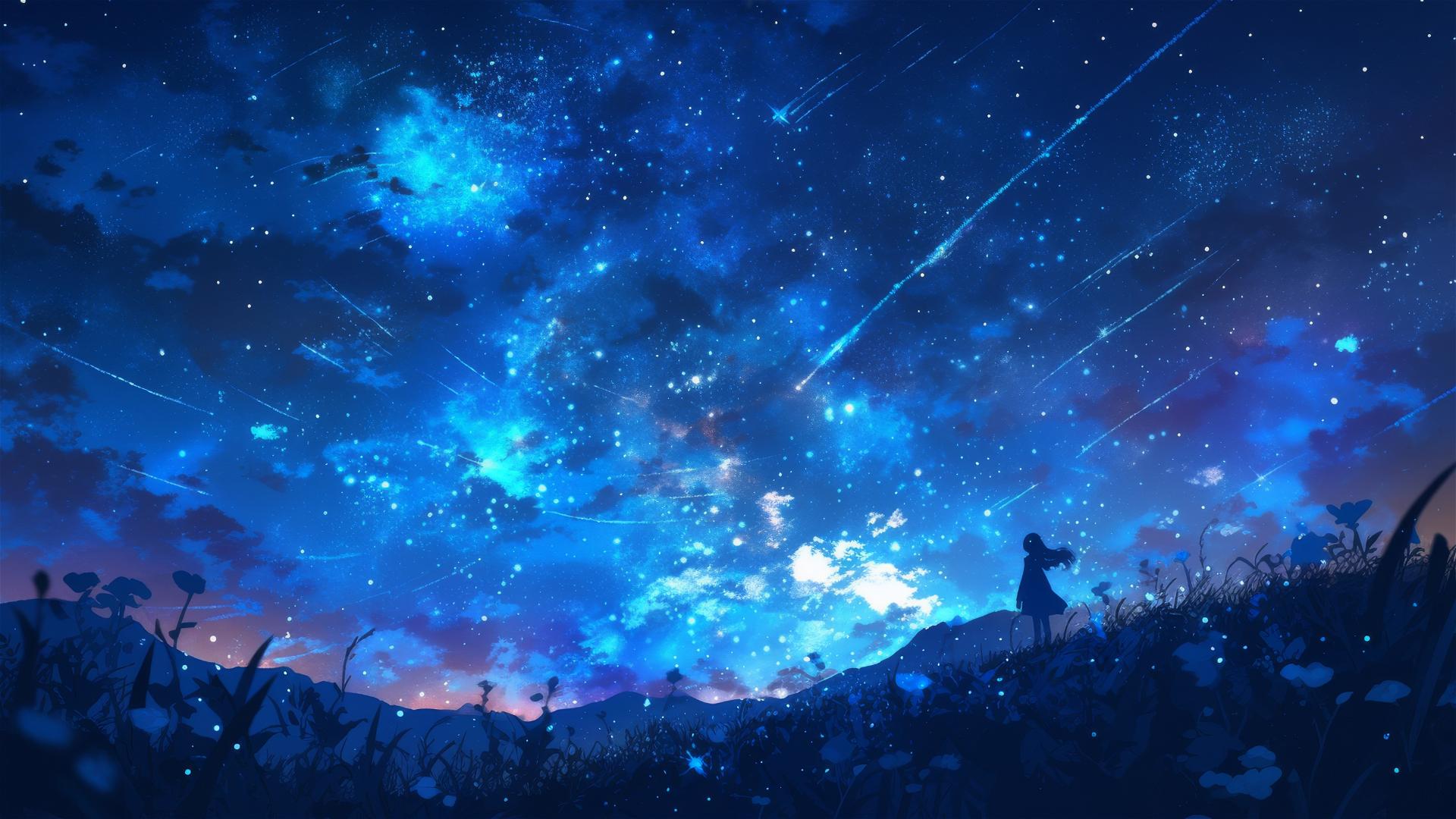 Silent hilltops and shooting stars with glowing trails on grass