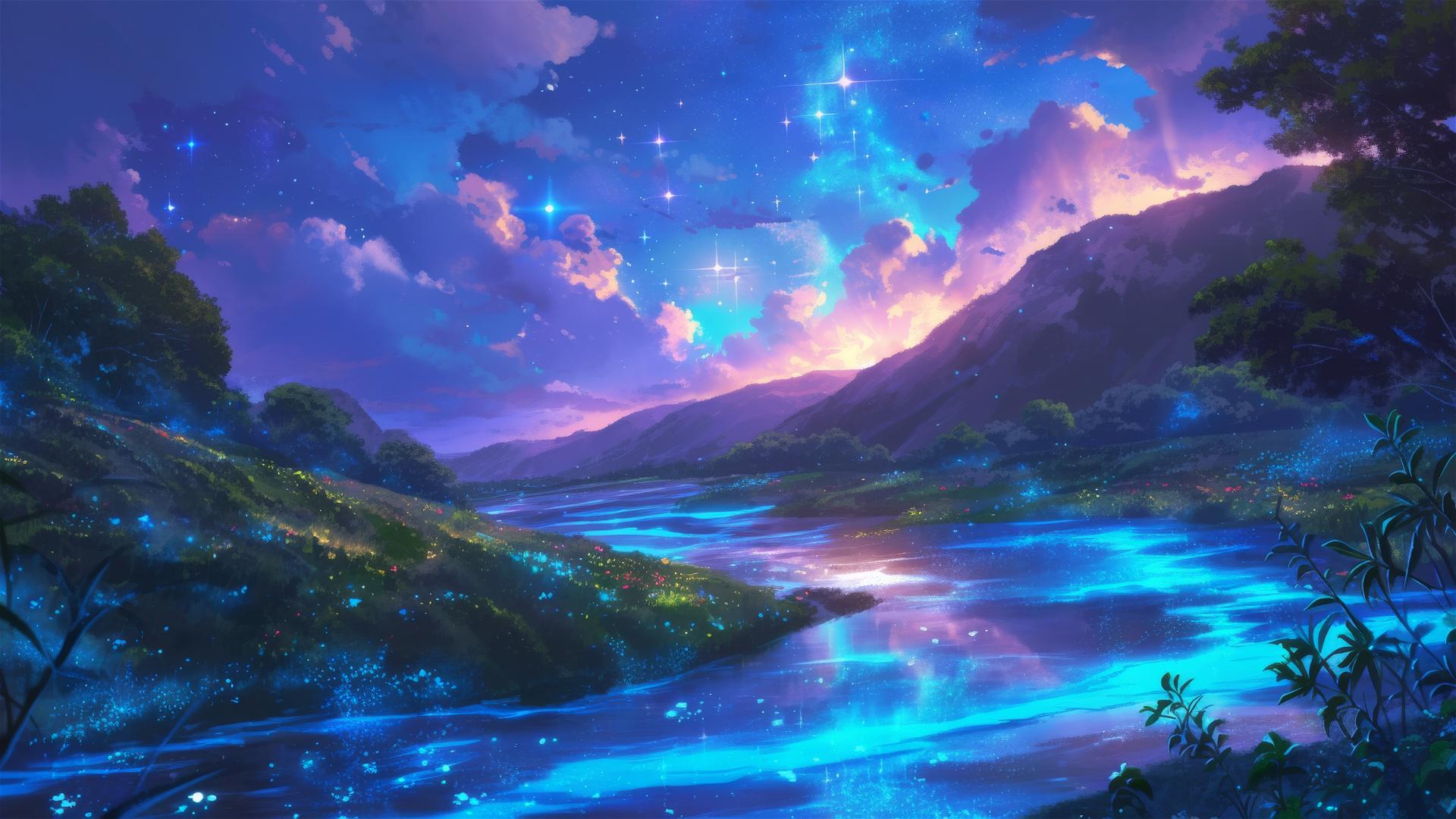 Starlit river with bioluminescent algae under night sky