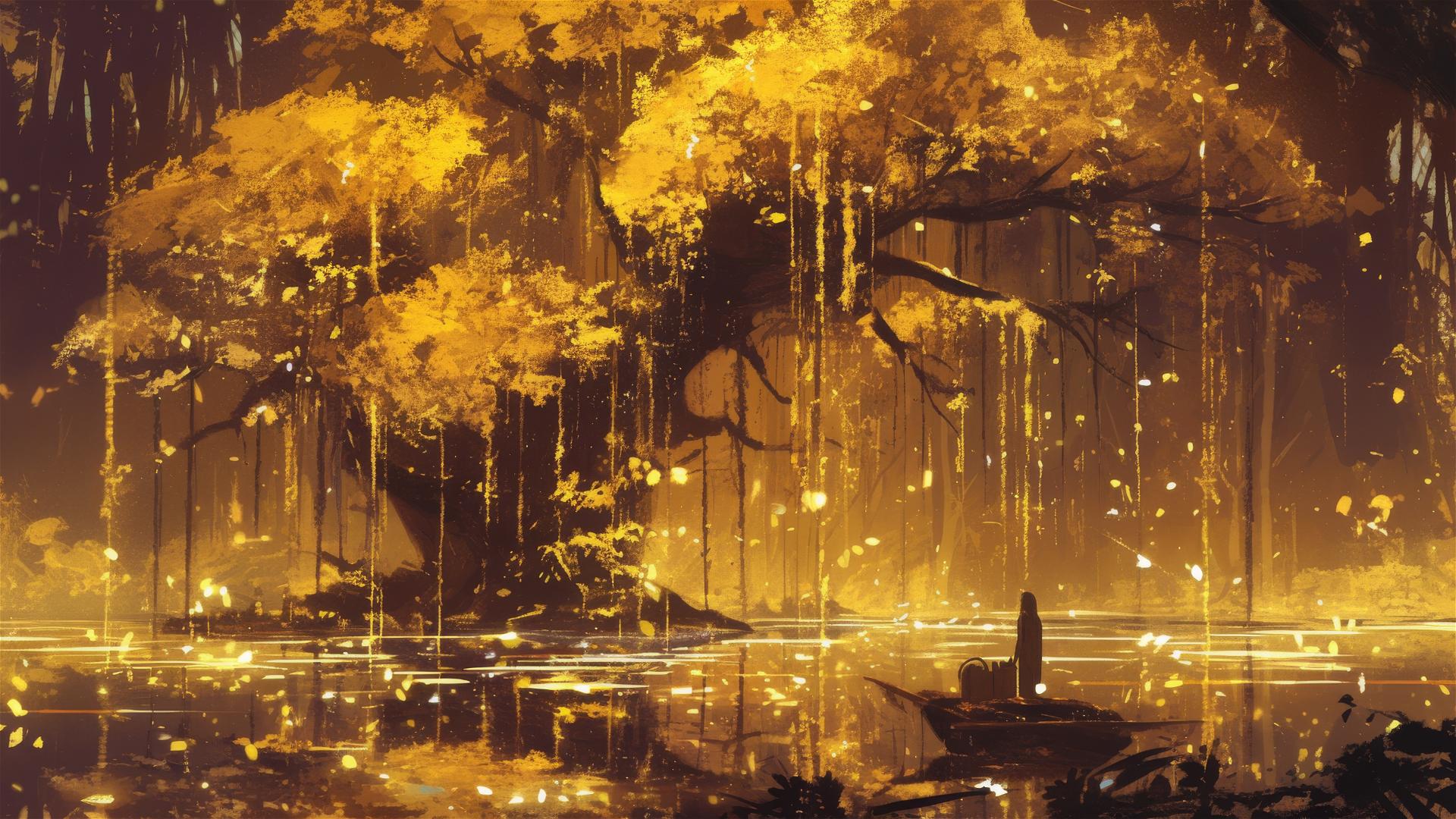 Shimmering willow island with leaves like liquid gold