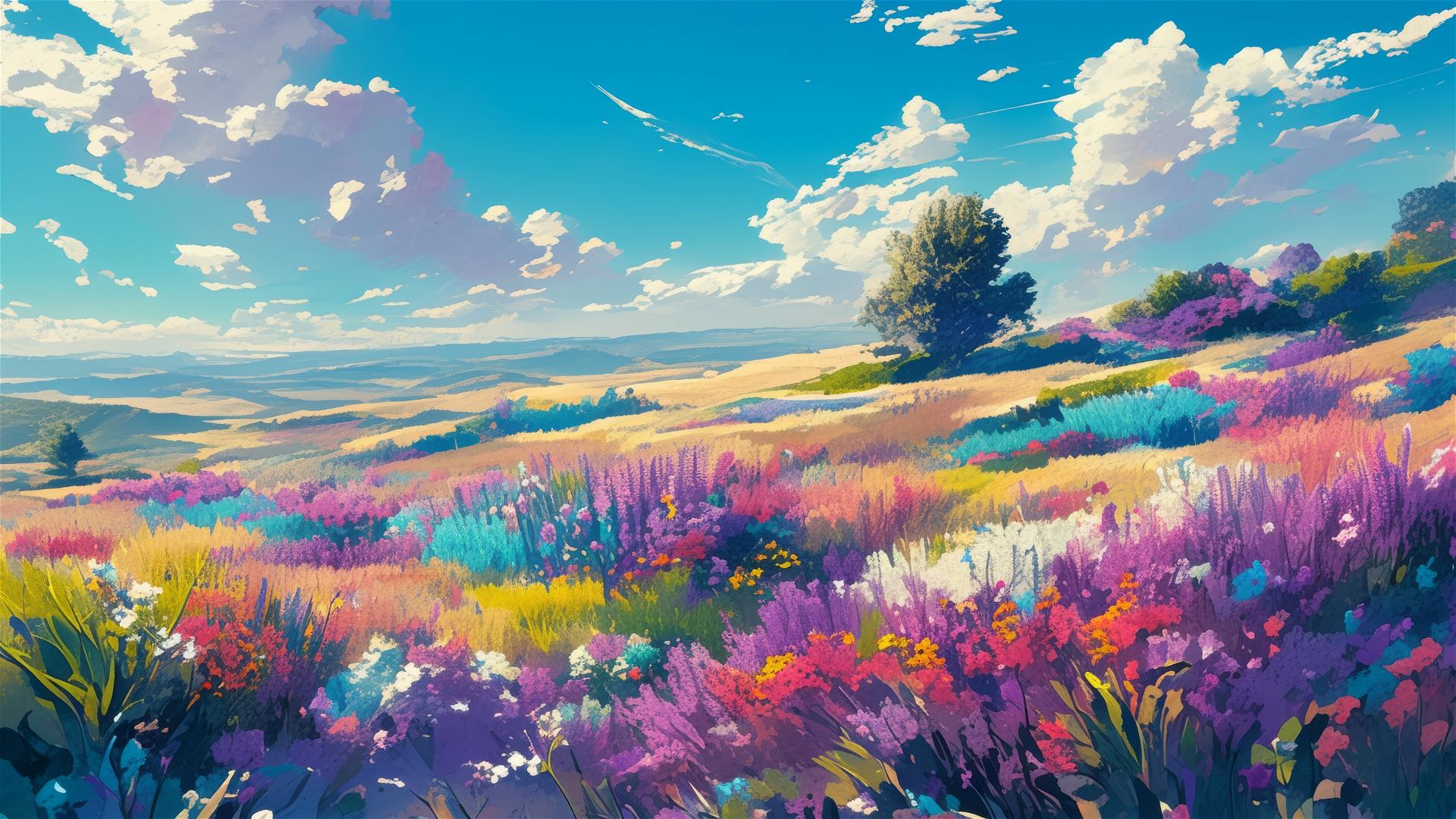 Vibrant heath with windswept wildflowers in harmonious patterns