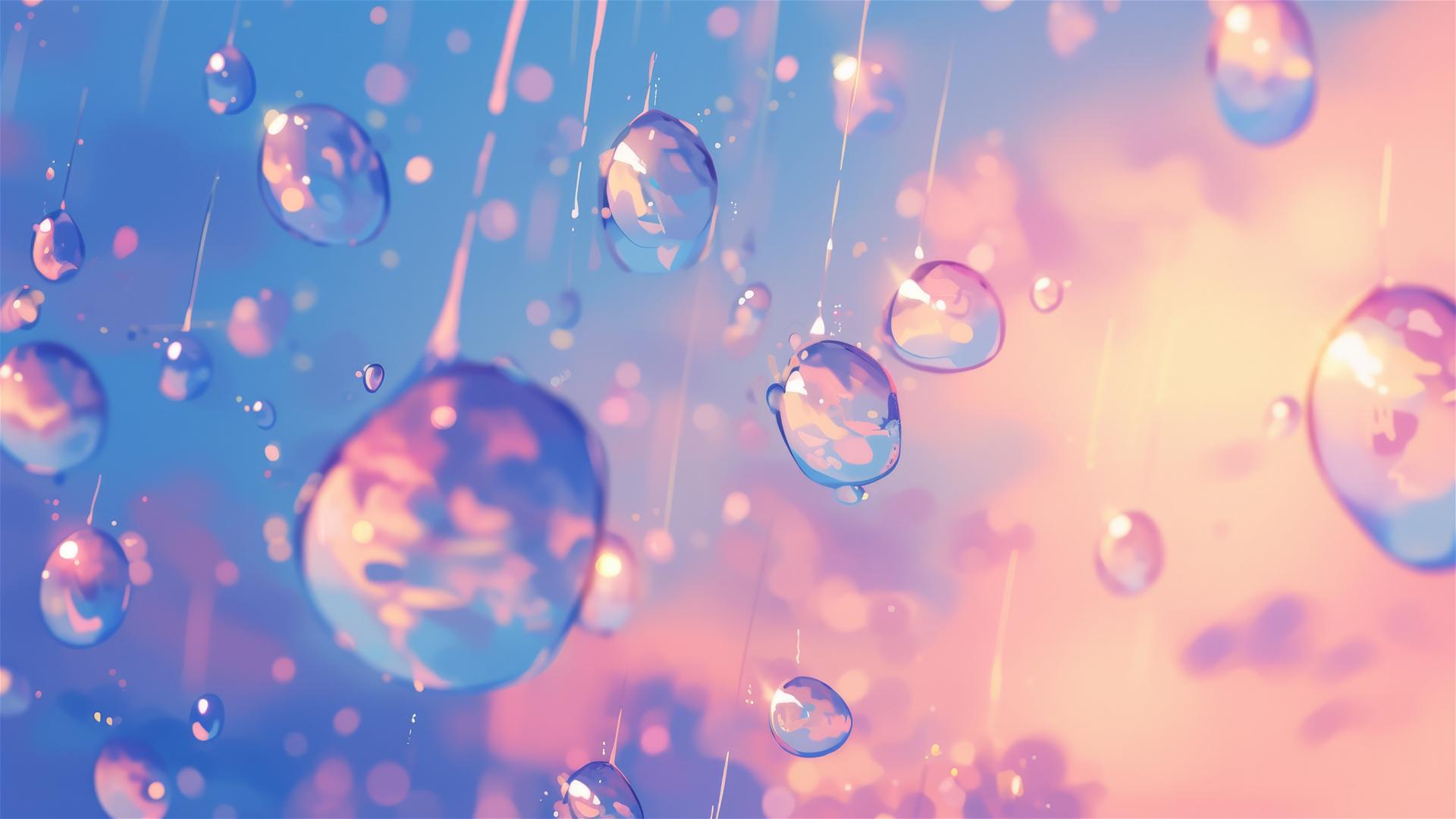 Holographic raindrops tinged with twilight hues painting the sky