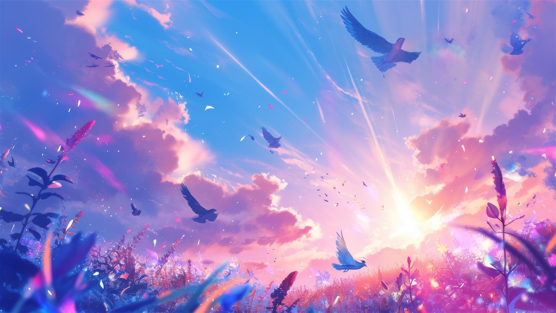 Holographic rain with birds at sunrise