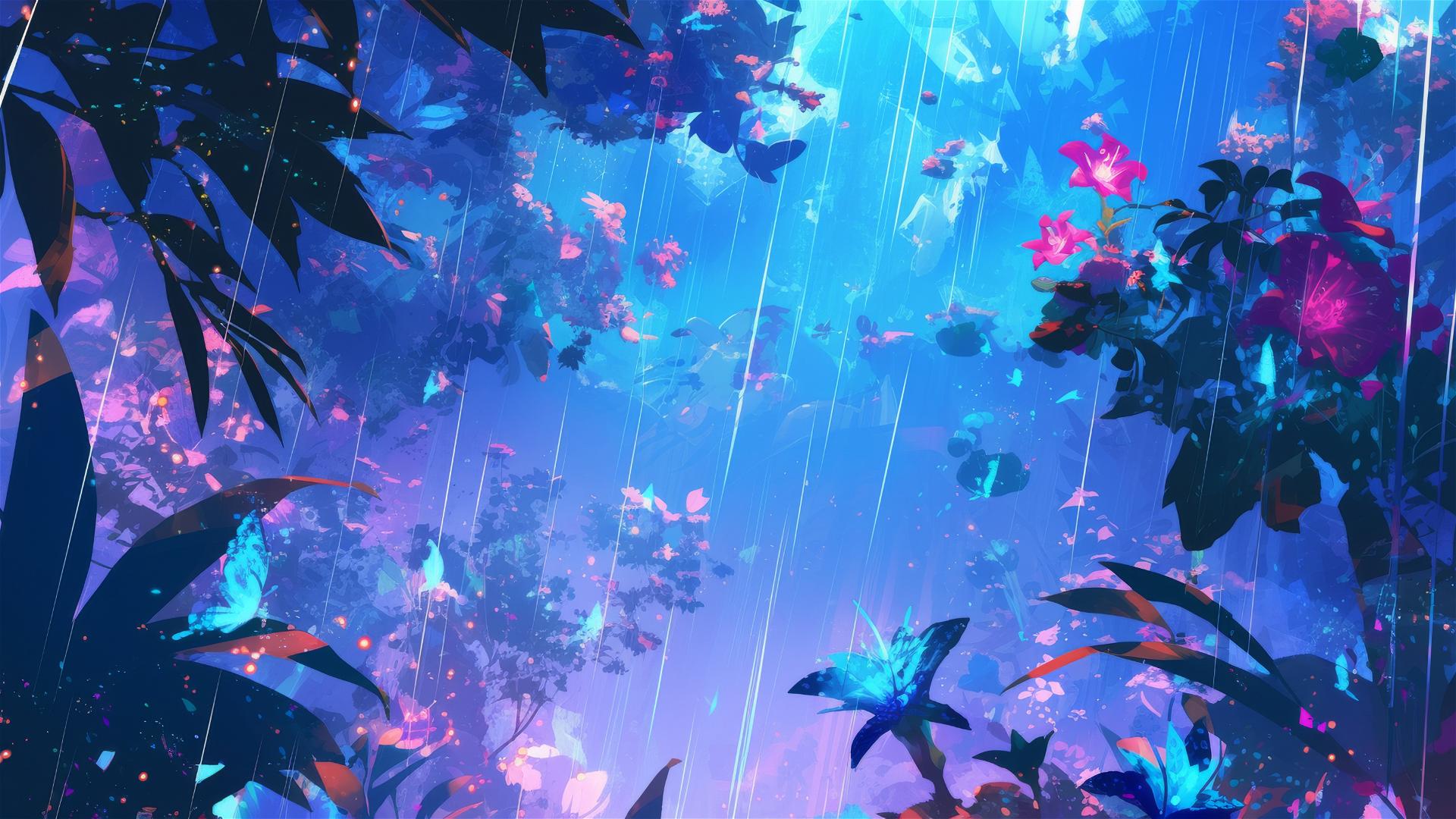 Holographic rain with flowers in a botanical garden