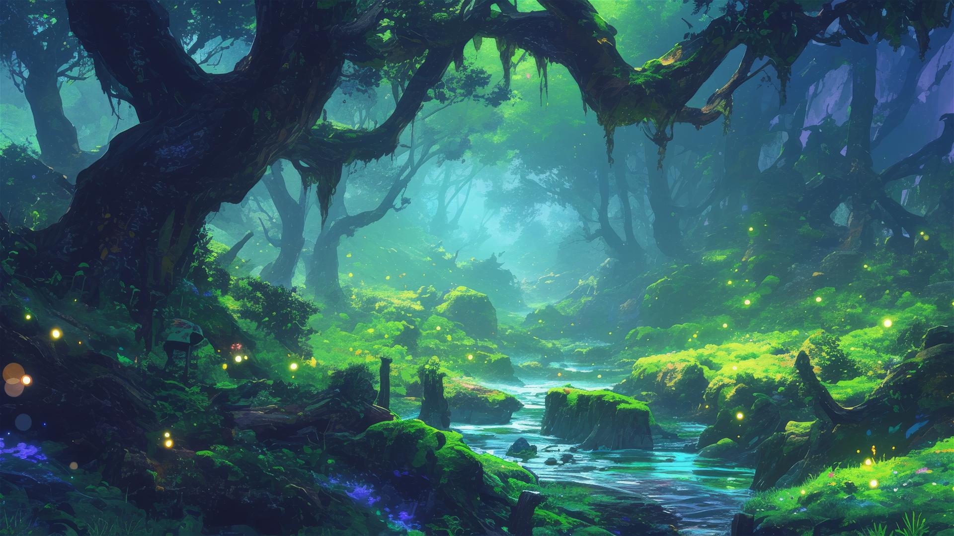 Luminous moss grove lighting up the forest canopy