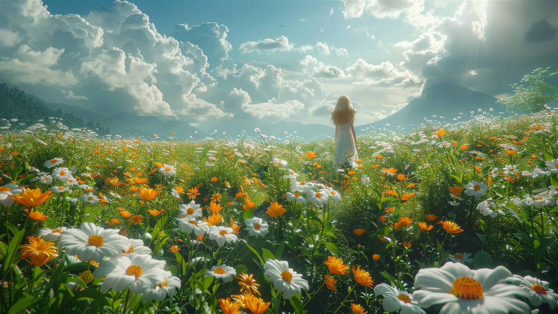 Dreamy spring outing depicted with vibrant flowers, white clouds, green grass, under sunny weather using soft gradient color scheme