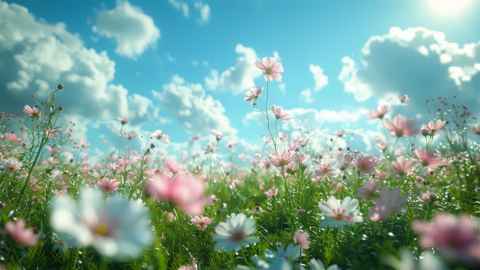 Spring outing image with white clouds, green grass, flowers, and a soft gradient color scheme in sunny weather creating a dreamy atmosphere.