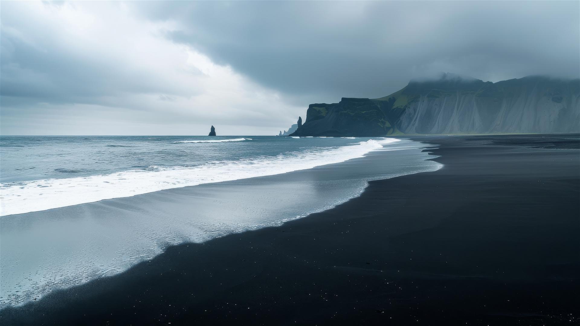 Minimalistic photo of a black sand desert landscape