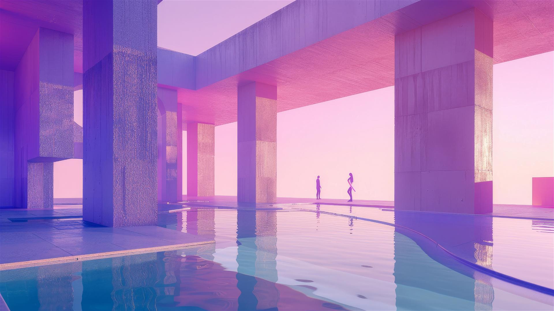 3 light figures by Ricardo Bofill's Muralla Roja with minimalist sky and pool