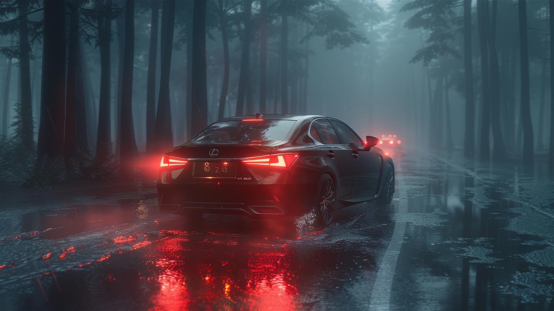Photorealistic closeup of Lexus ES in dim, foggy, gothic setting