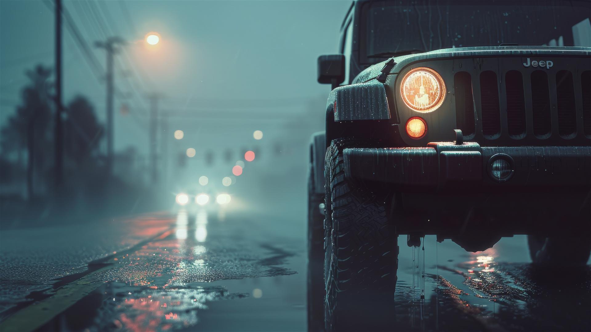Jeep Compass in dim, foggy lighting with a gothic gloomy atmosphere