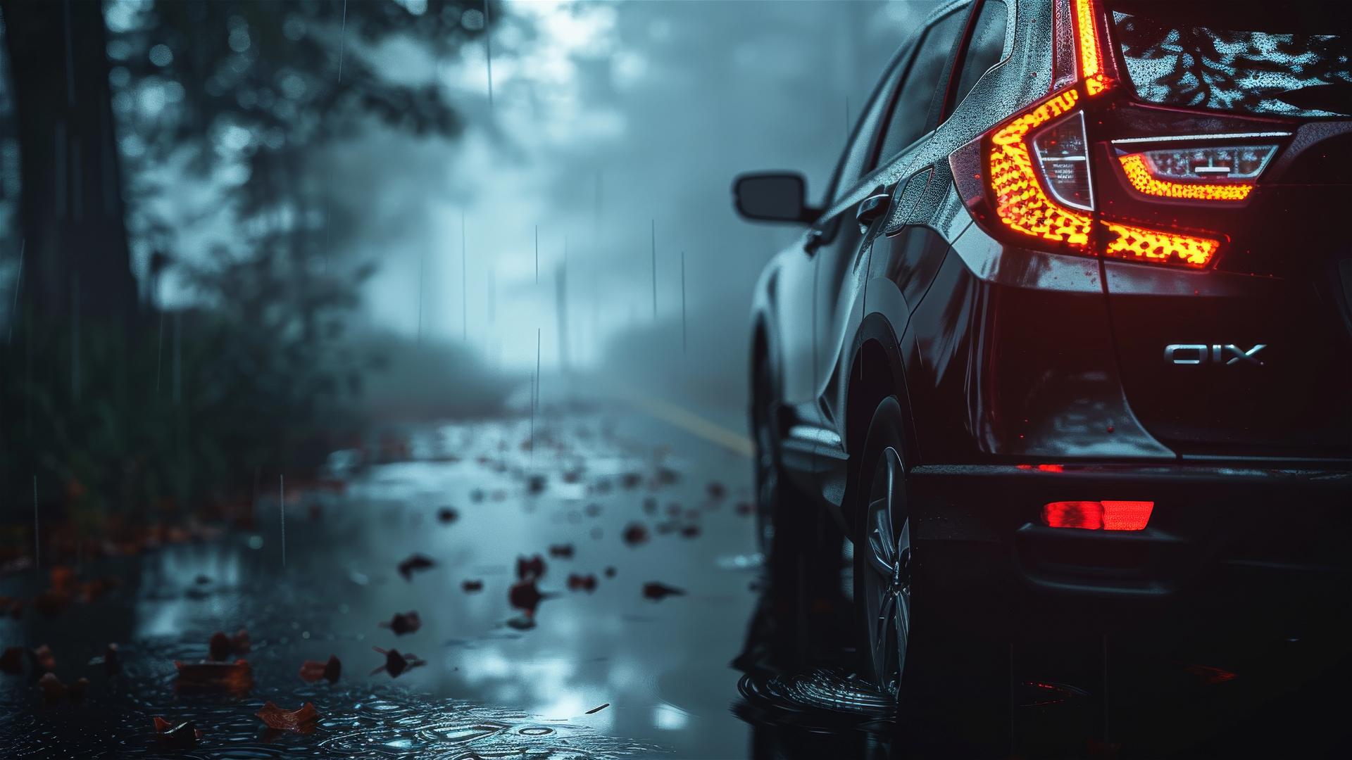 Close-up of a Honda CR-V in dim, foggy, gothic setting