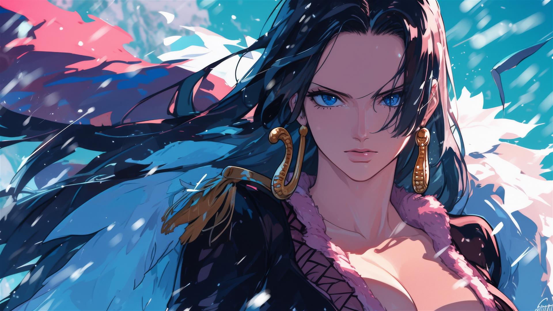 Boa Hancock from One Piece strolling in a snowy landscape under twilight's soft glow