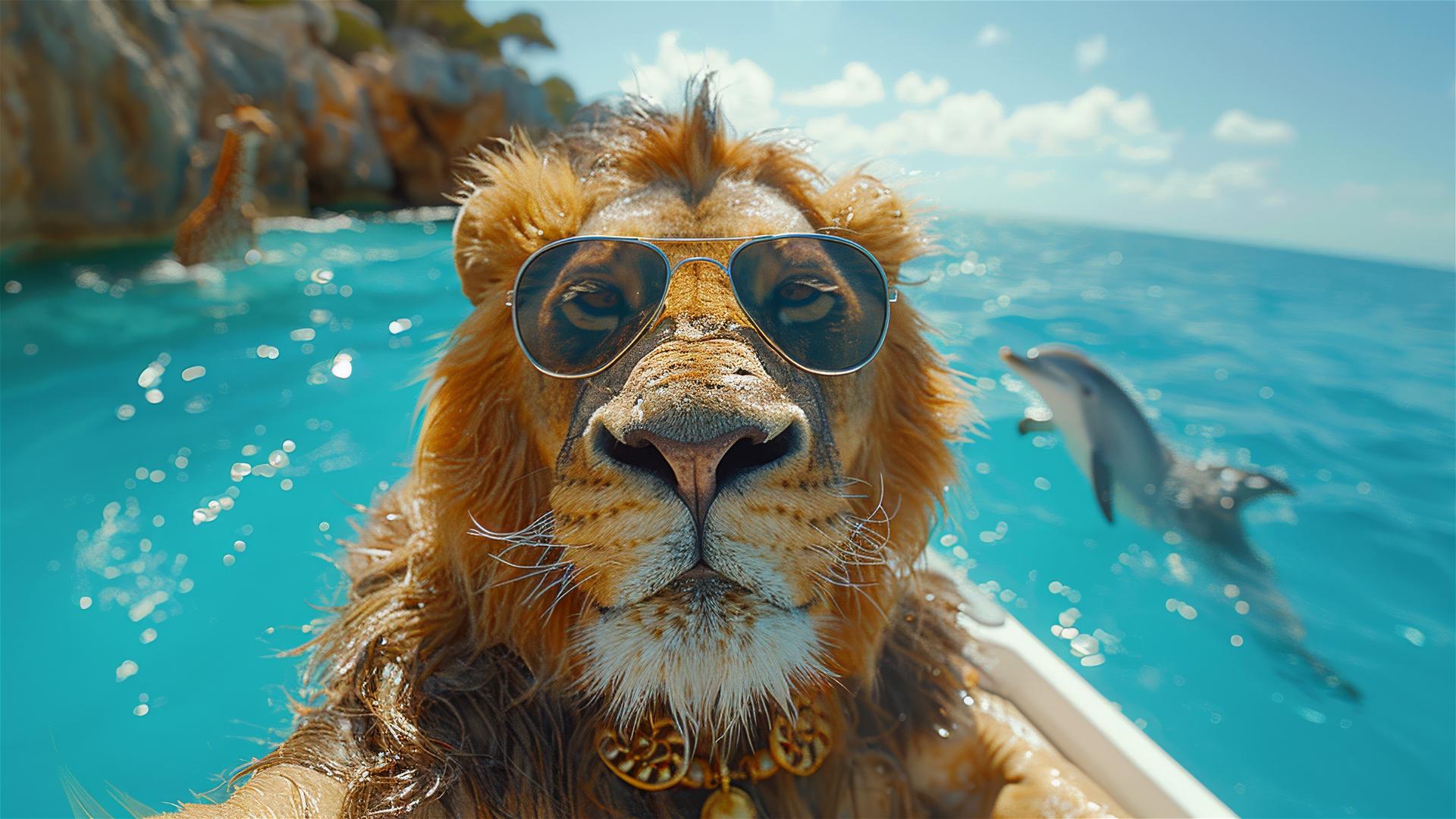 Lion taking a selfie with a giraffe and bird on a yacht with jumping dolphins in a pure blue sea