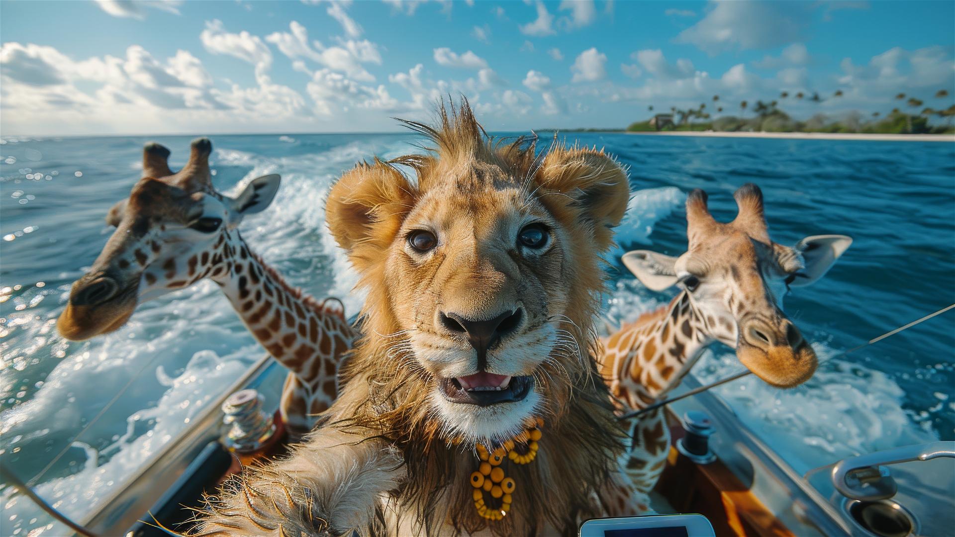 Lion in blue shirt with gold necklace taking selfie with giraffe and bird on yacht in blue sea with jumping dolphins