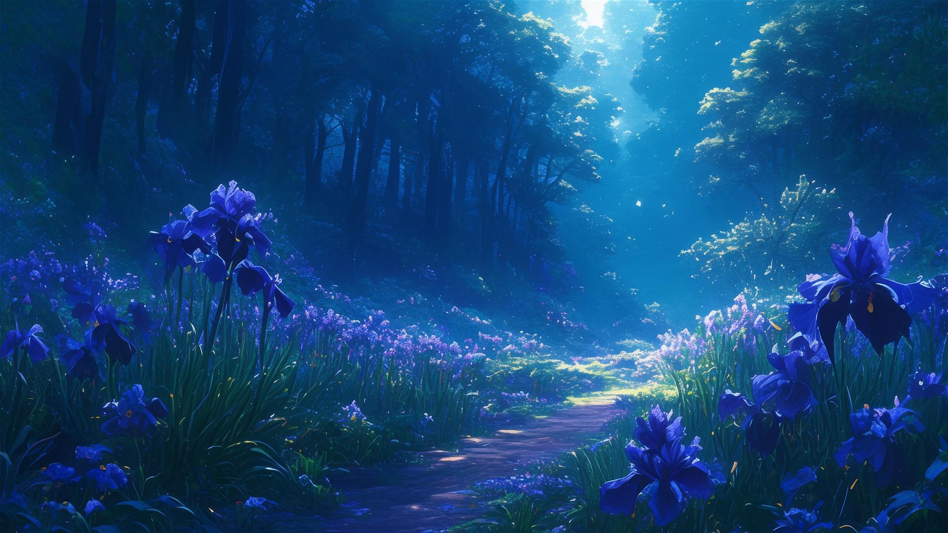 Black forest path with dark violet irises absorbing the night.