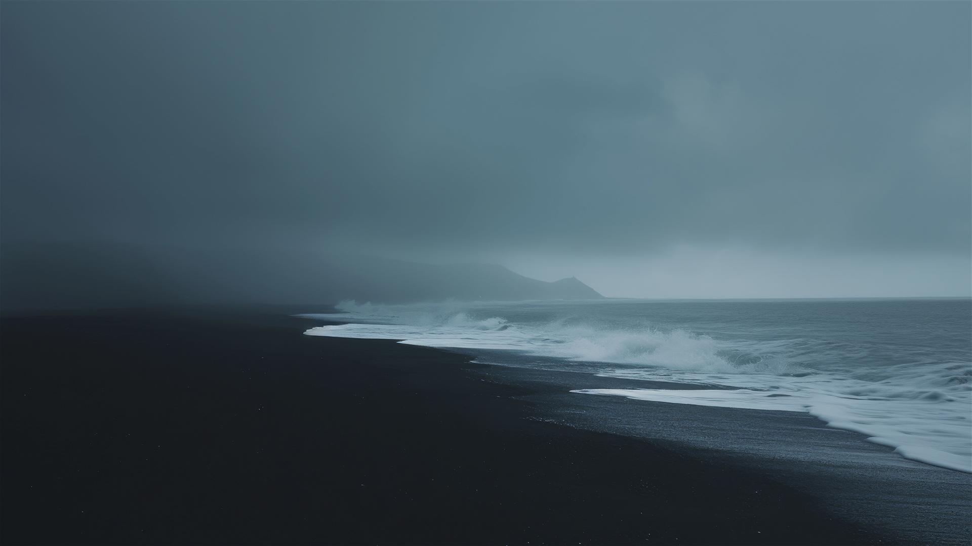 Monochrome seascape with dark sky and black pebble beach