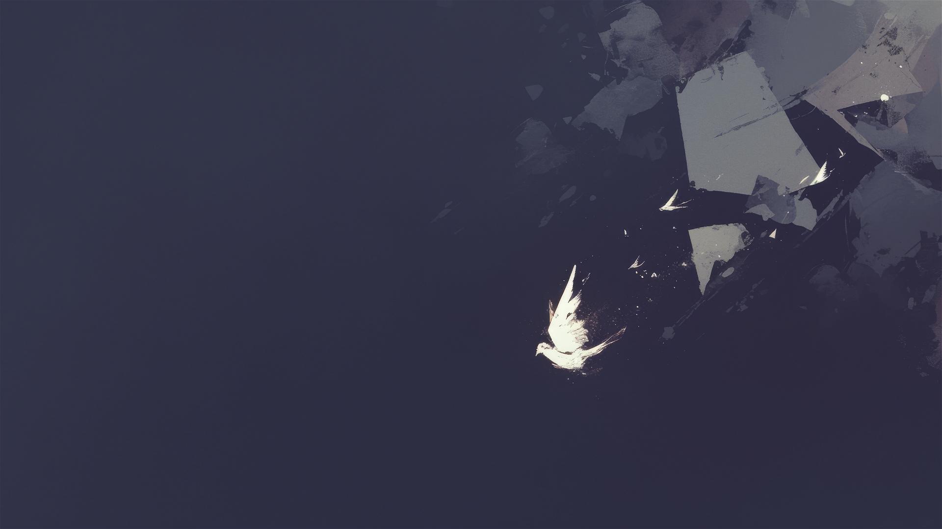 A lone white feather falling slowly in a serene dark void