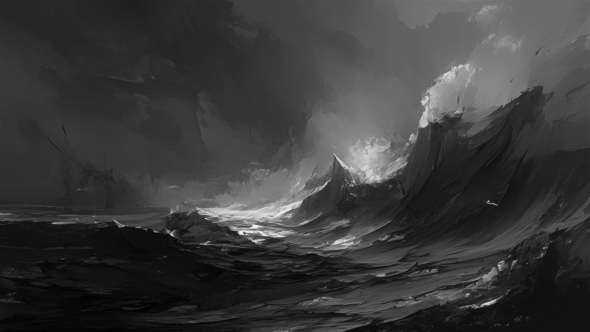 Charcoal cliffs and stormy sea with crashing waves under moonless sky