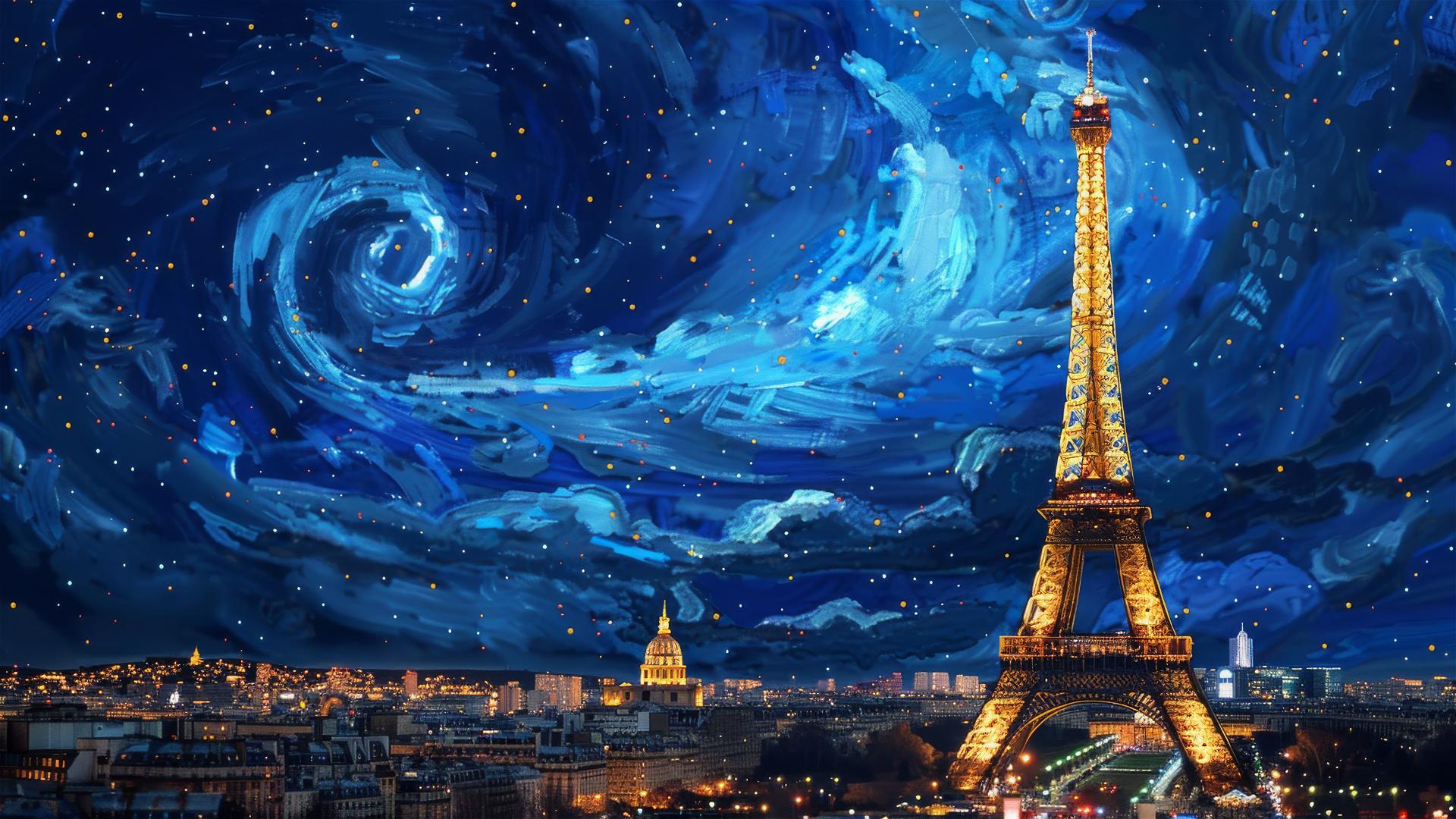 Eiffel Tower at night with van Gogh's Starry Night sky