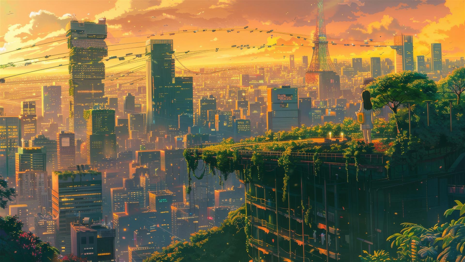 Anime cityscape with Ghibli magic, hanging gardens, and mystical creatures at golden hour.