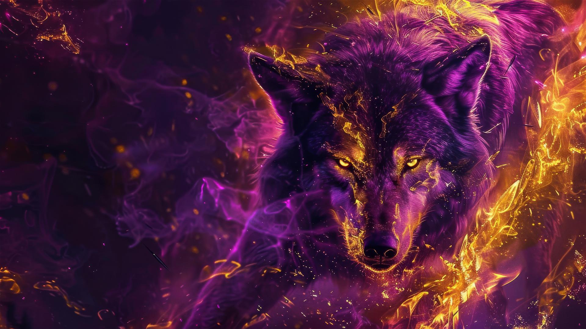 Fenrir wolf in dark neon gothic cyberpunk style, gold and purple hues