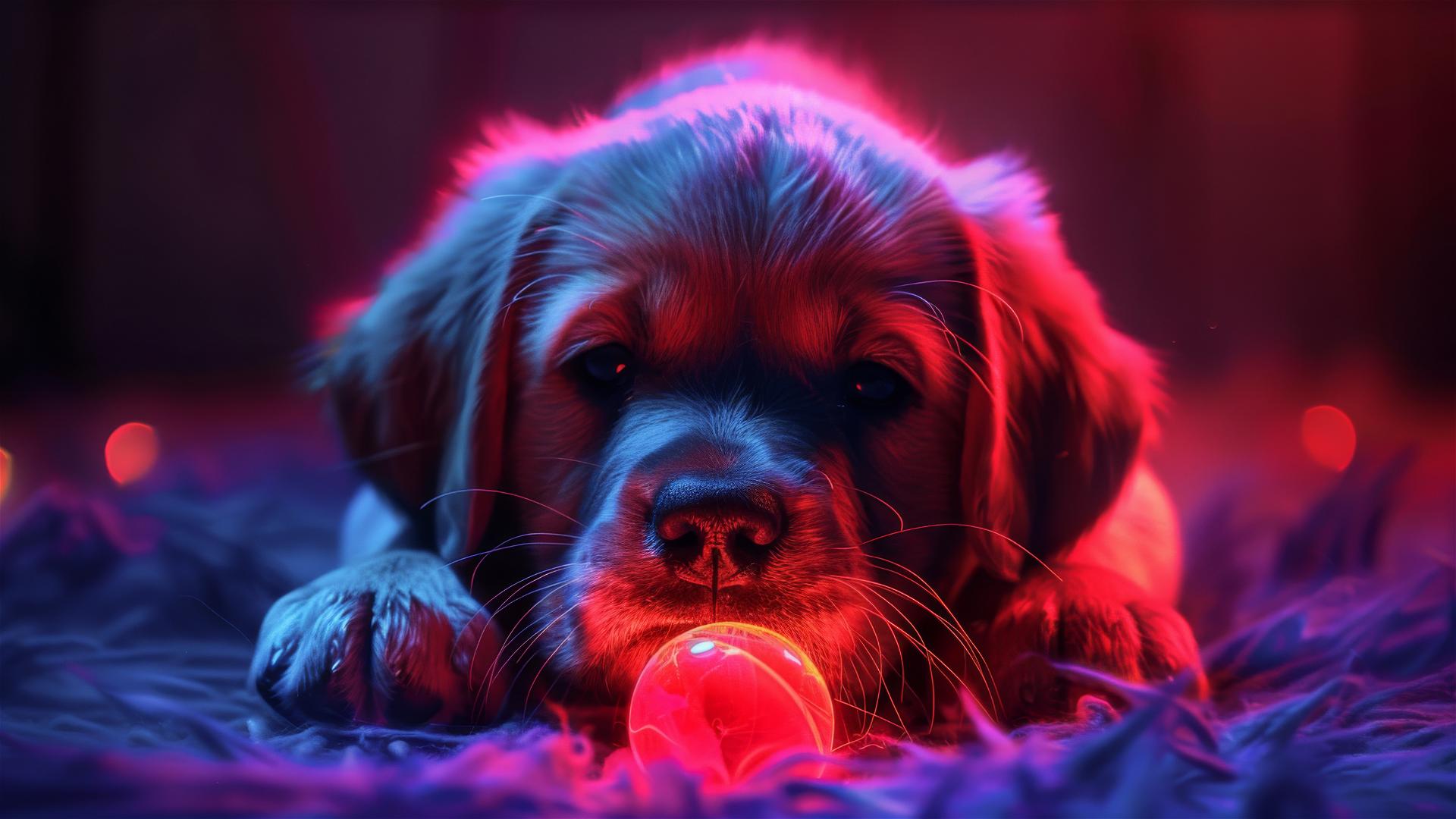 Cute labrador puppy chewing a ball in neon lighting