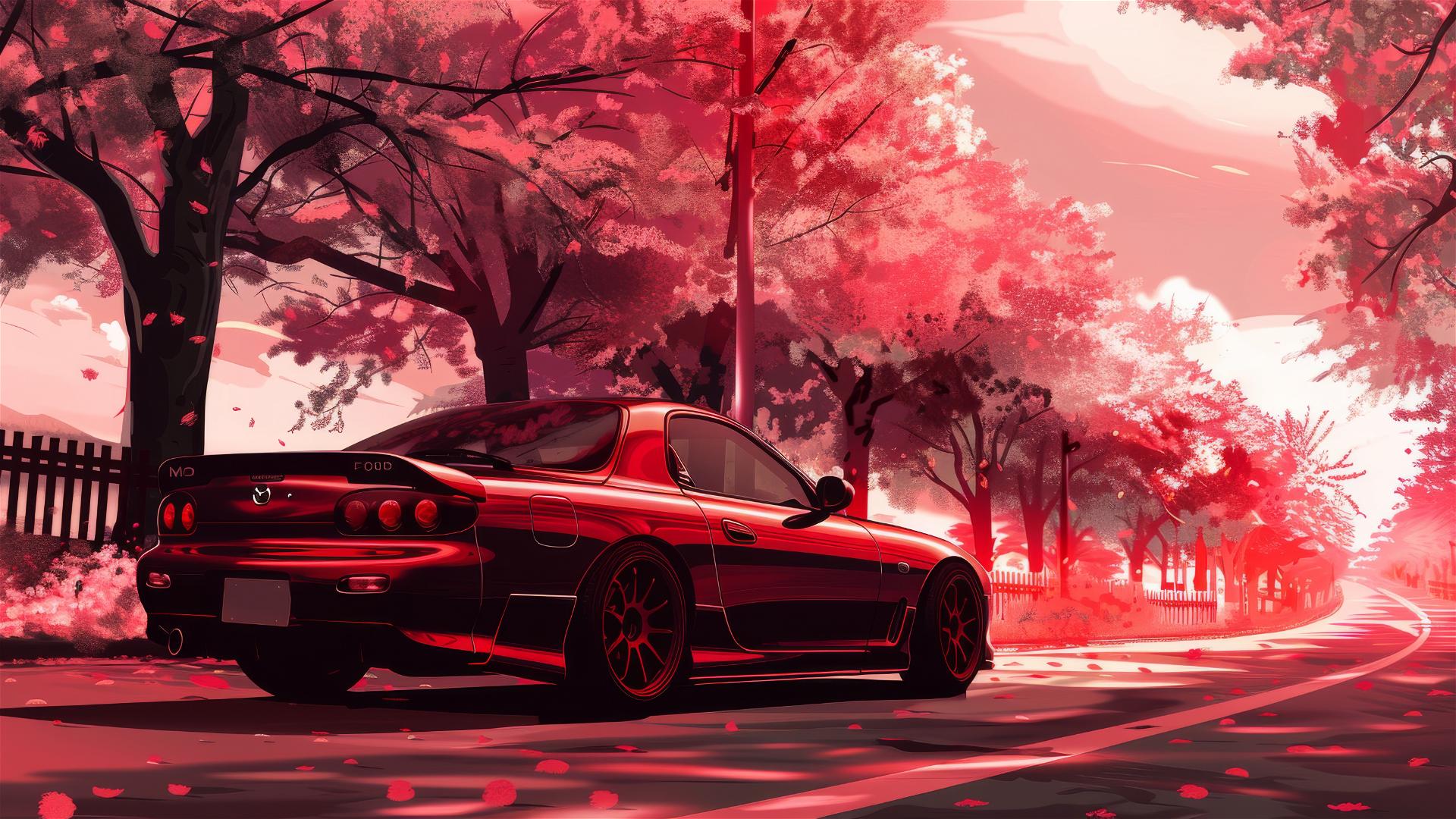 Red Mazda FD drifting manga-style with crisp lines