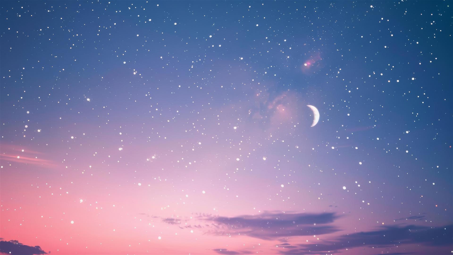 A light purple-blue sky featuring tiny stars and a half moon in a pink universe