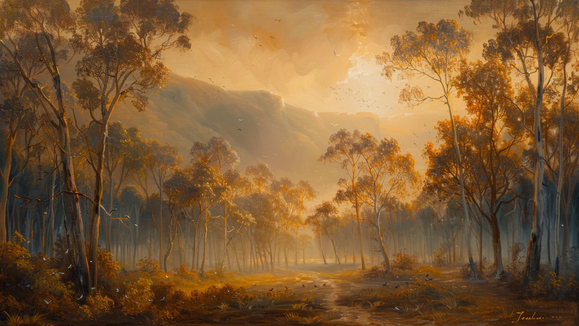 Oil painting of a serene luminist landscape with a sunlit path and birds