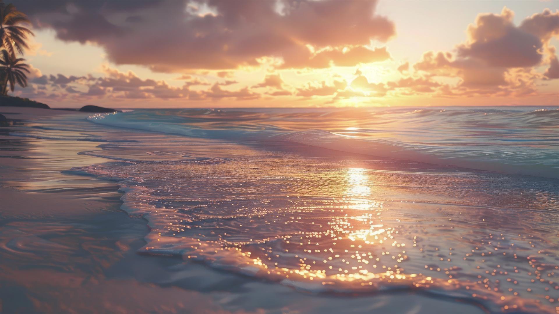 Photorealistic beach, sea, and sunset scene