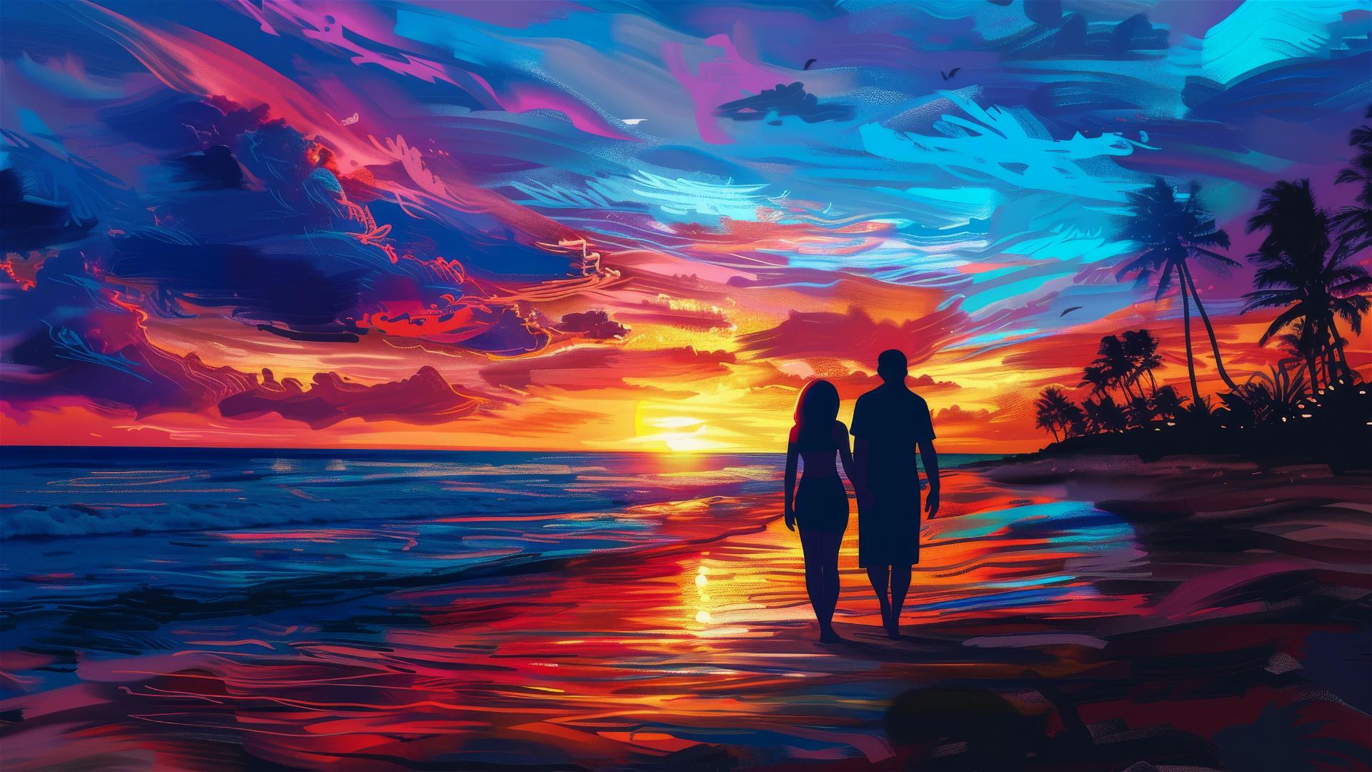 Couple admiring colorful sunset with palm trees on the beach