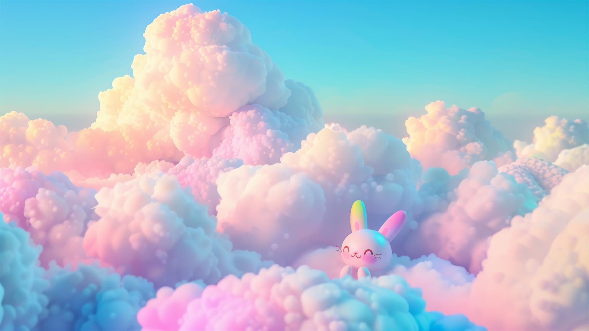 Miffy bunny lying on pastel rainbow clouds, colorful 3D cartoon