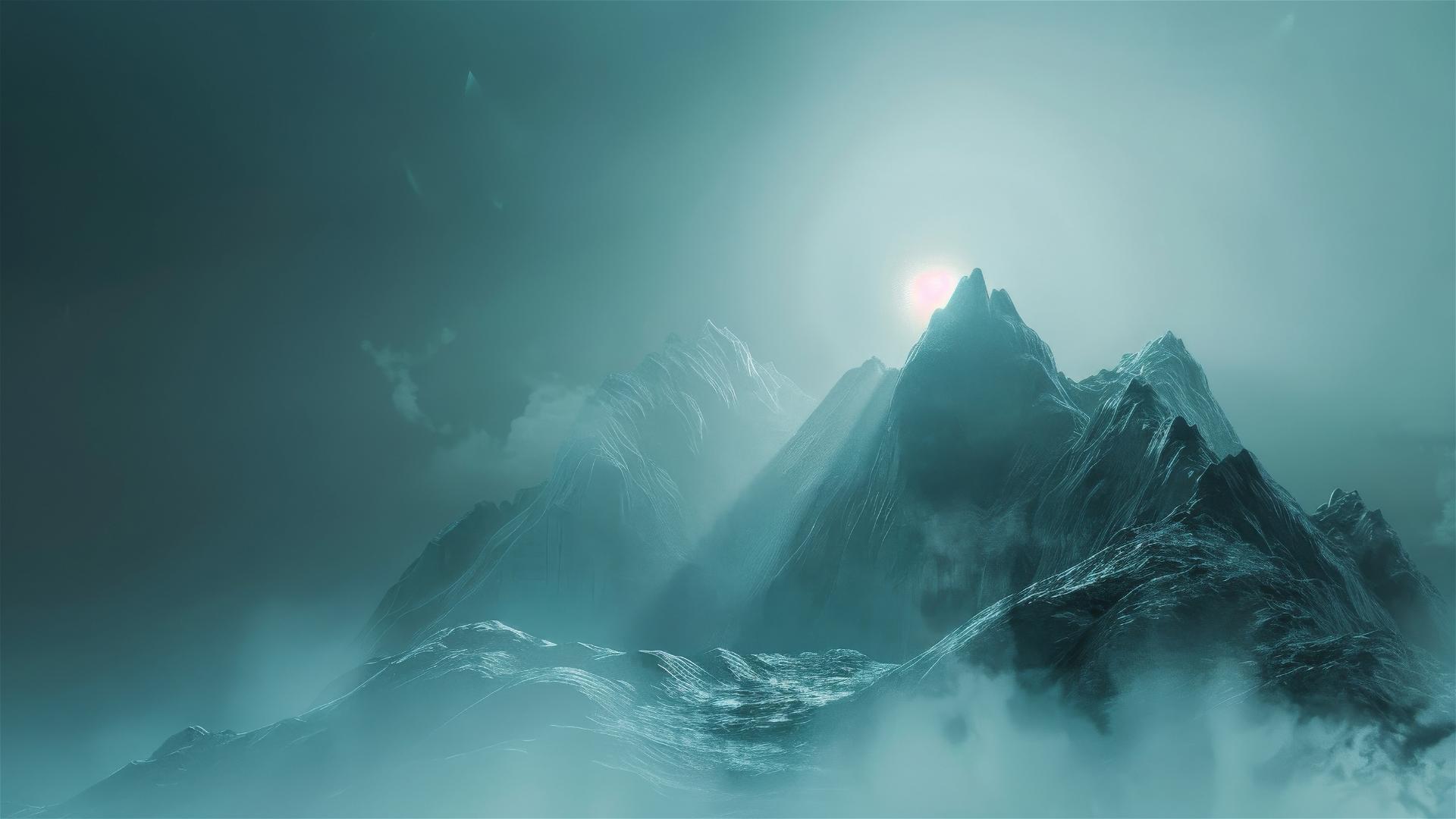 Misty futuristic mountain beacon with volumetric LED light
