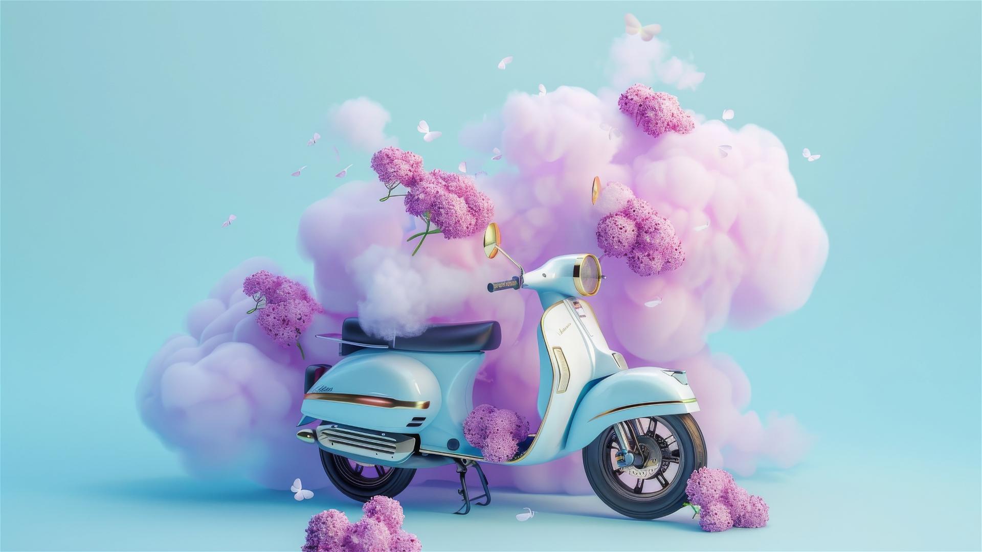 A scooter with a large cloud adorned with many purple and pink bouquets on a light blue background.