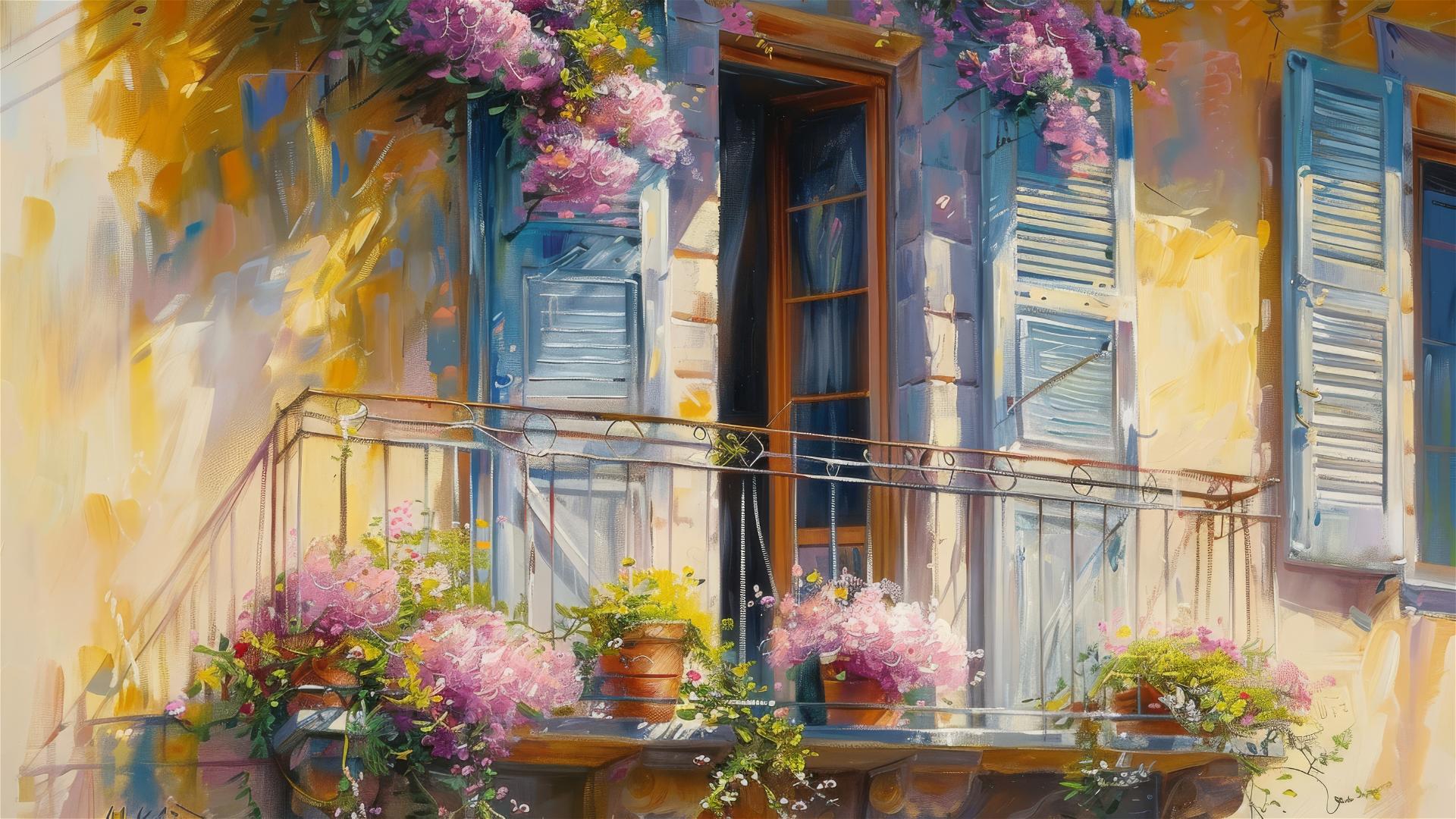 A balcony on a European street with vines of pink flowers, in Monet's yellow tones.