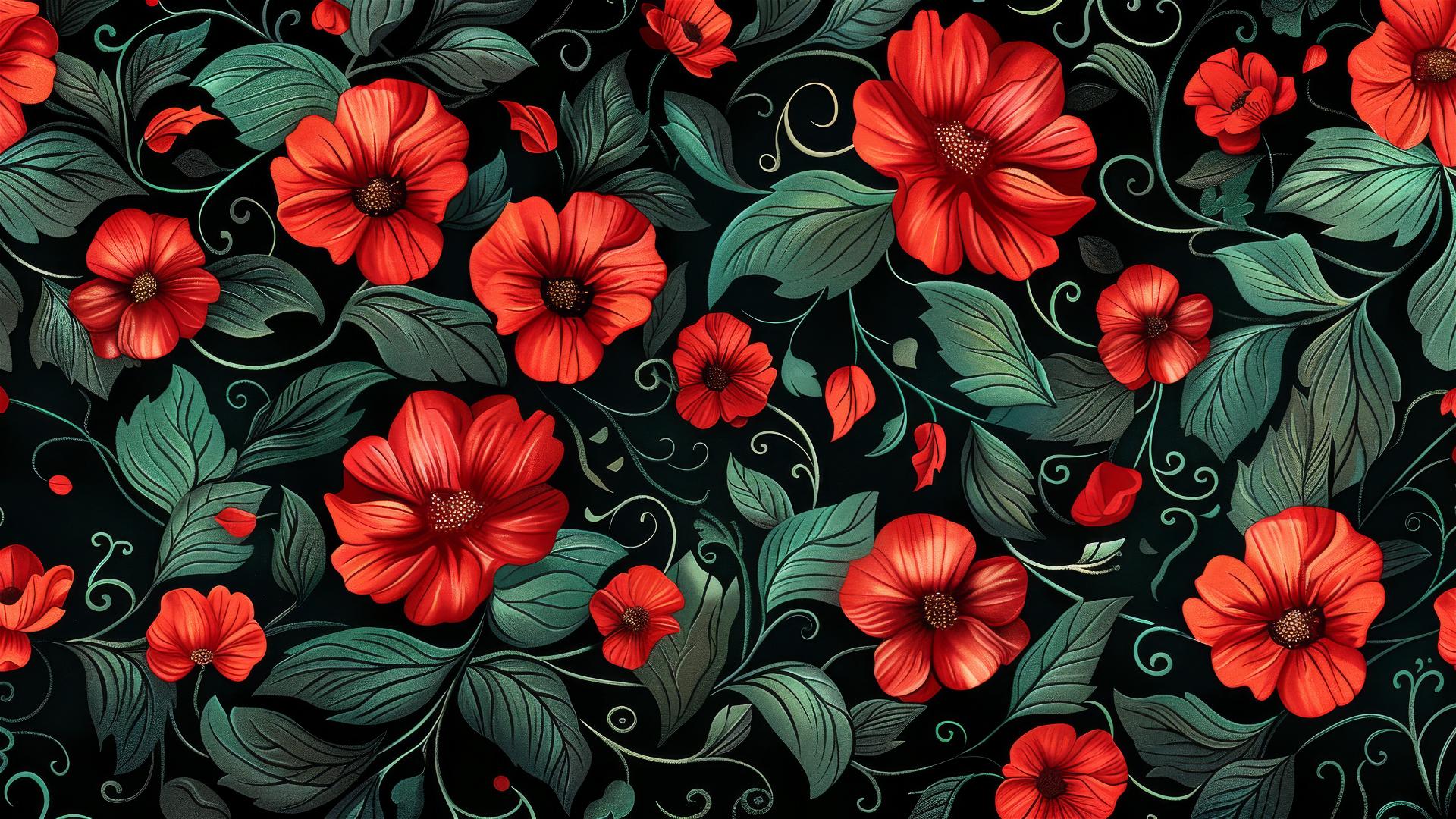 Red and green flowers on black background, seamless pattern.