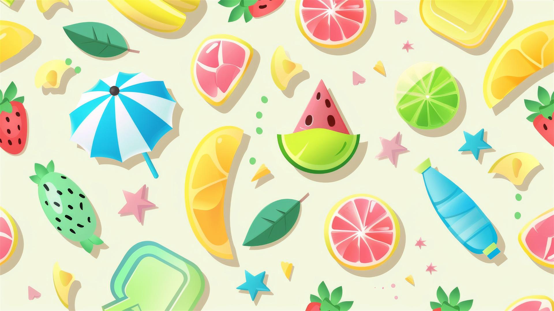 Cute small icons on a light green summer background