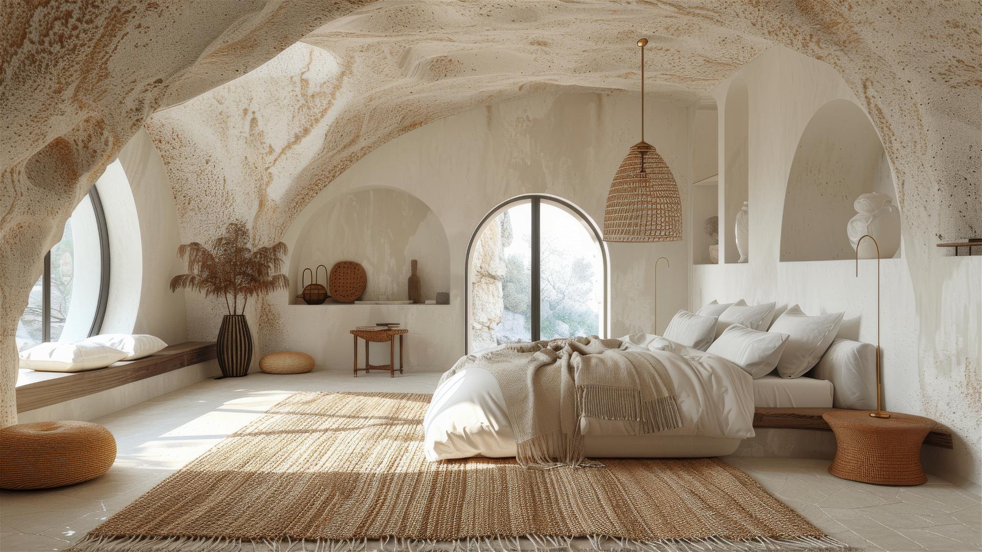 Fruit-inspired bed in a Wabi-sabi bedroom, white and cream colors, serene lighting.