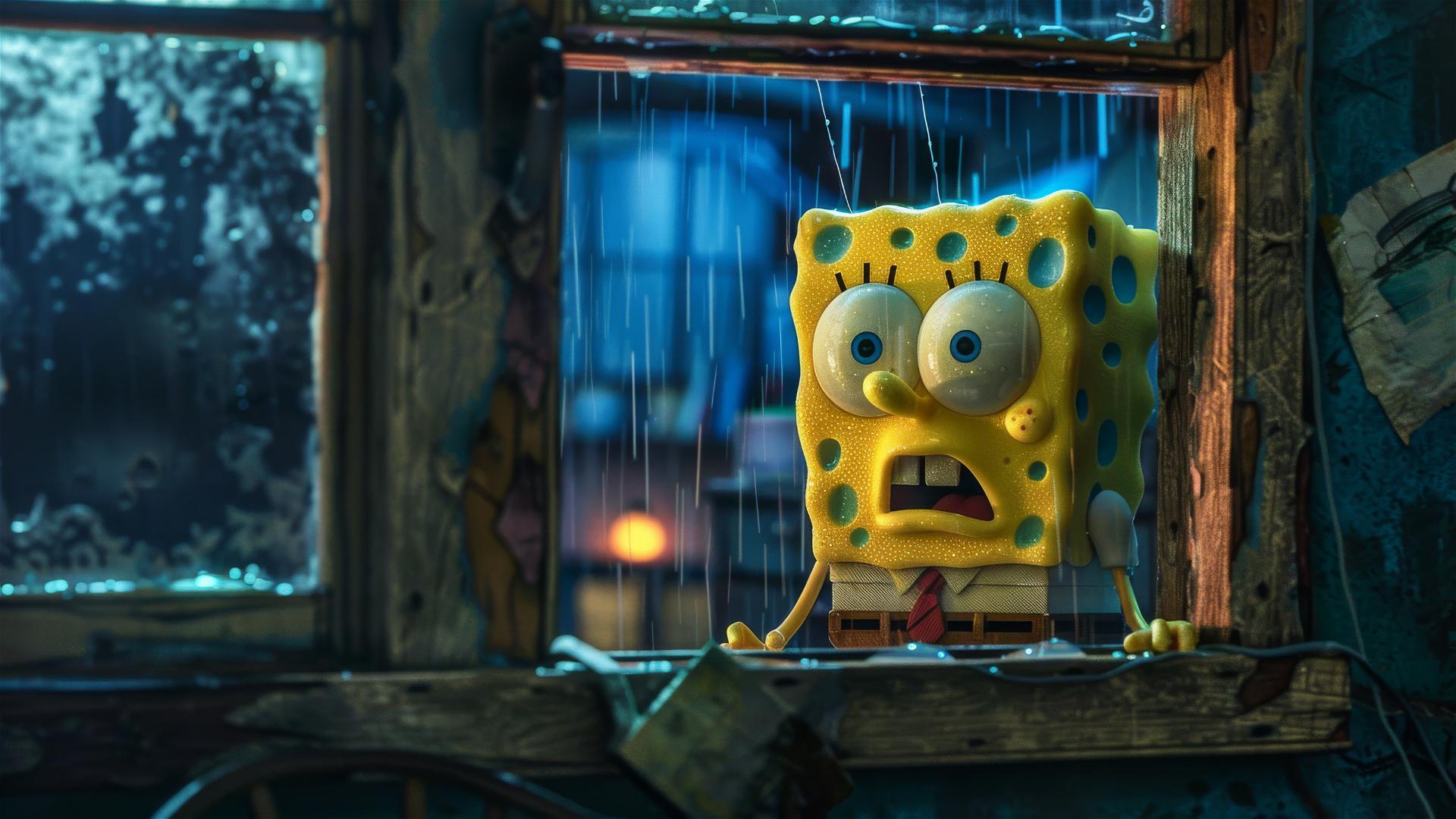 Spongebob staring into bedroom window on a rainy night