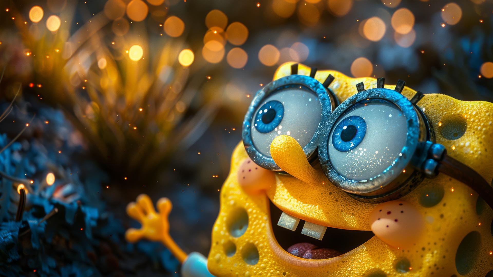 SpongeBob looking up at the Milky Way with Afrofuture gradients