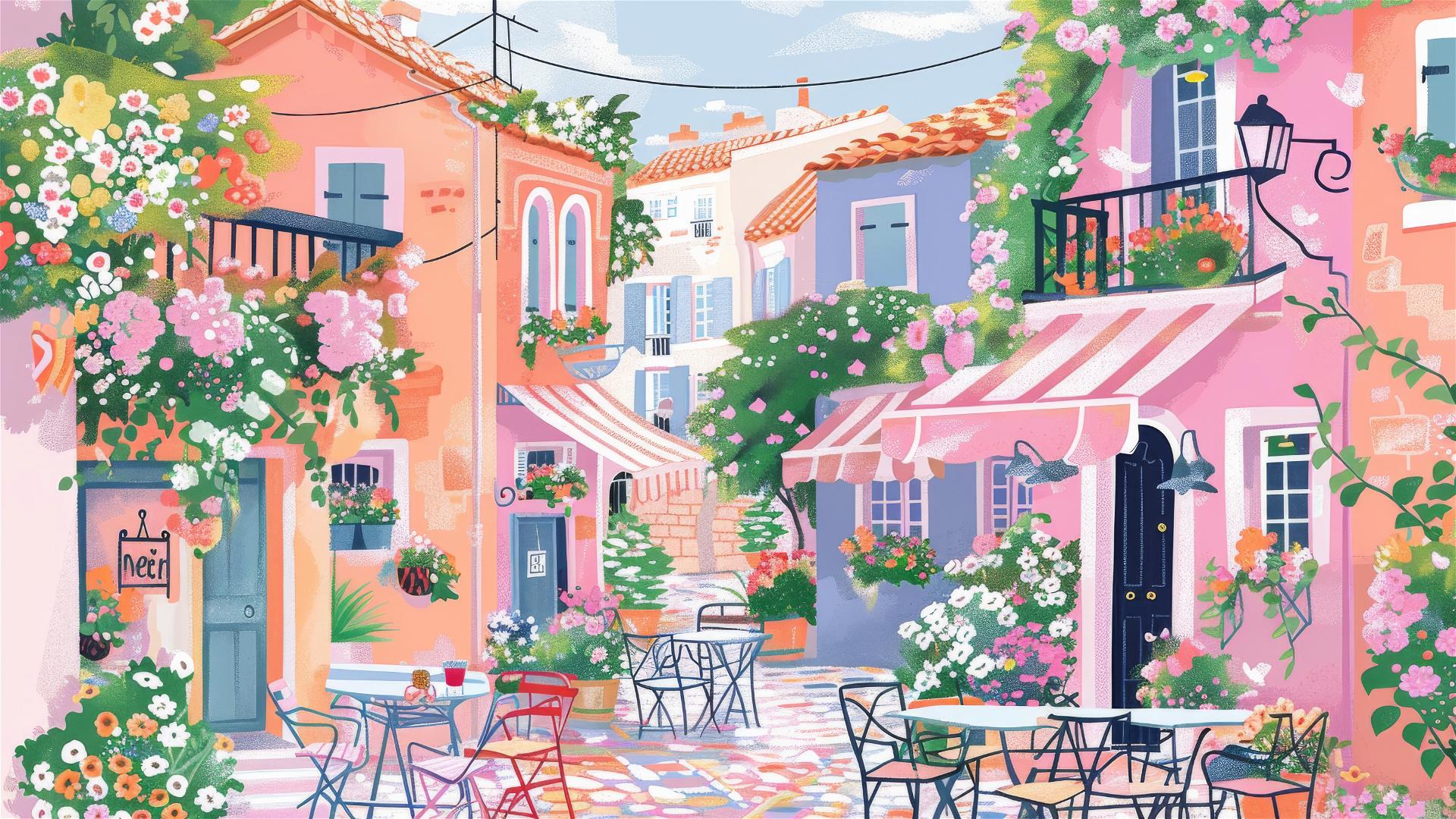 streets in a sunny pink and pastel French village with flowers and cafe tables