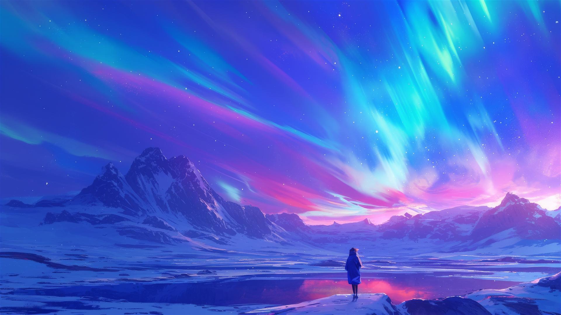 Vibrant aurora over snowy Arctic landscape