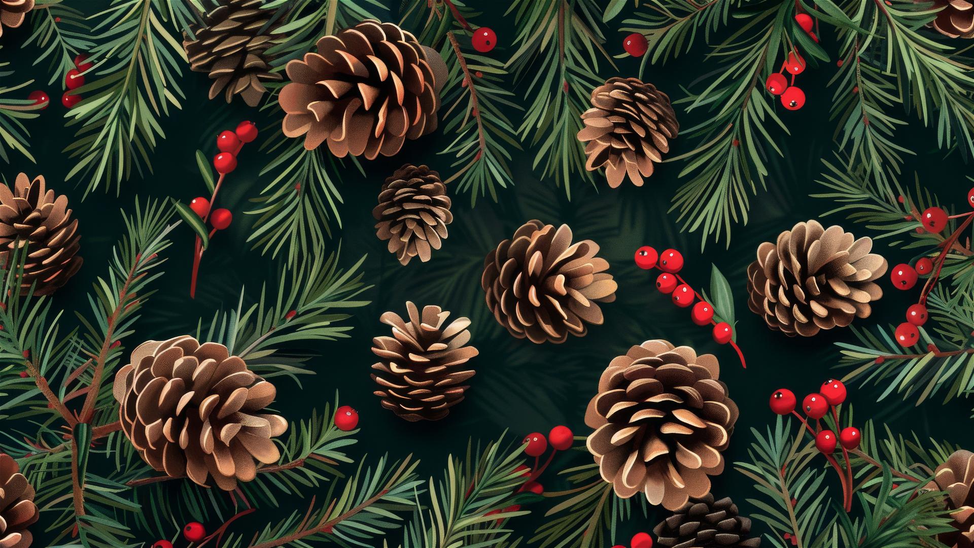 Seamless pattern of spruce cones, pine needles, and red berries on dark green background.