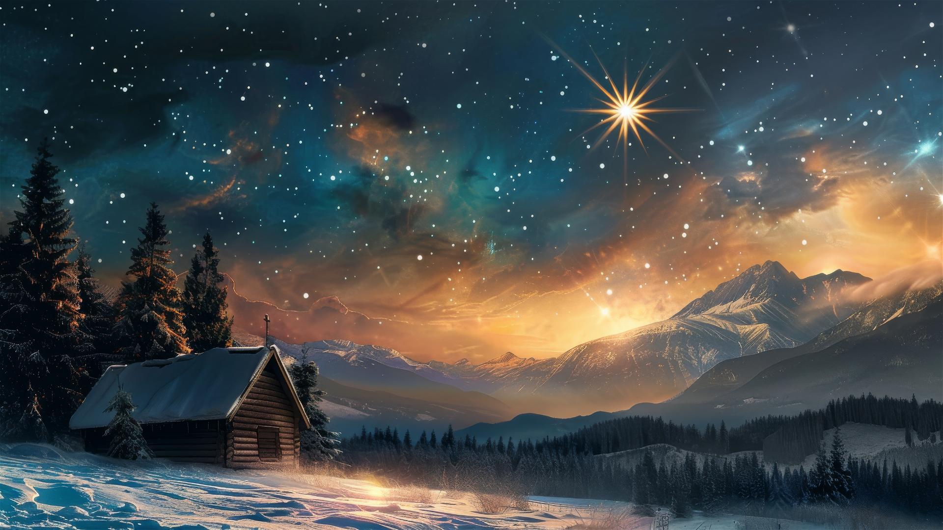 Christmas star and cabin near mountains with religious themes, chiaroscuro style, dark cyan and light brown